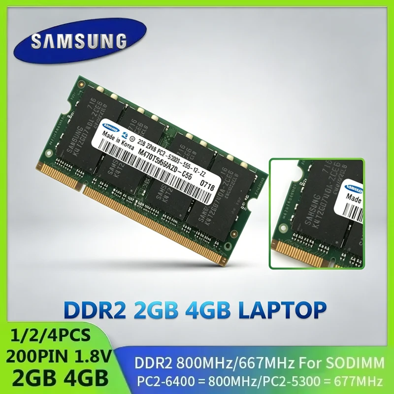 SAMSUNG DDR2 RAM Memory SODIMM Laptop Non ECC Unbuffered Memoria 4GB 2GB 667Mhz PC2-5300S 800MHz PC2-6400S 1.8V CL5 For Notebook