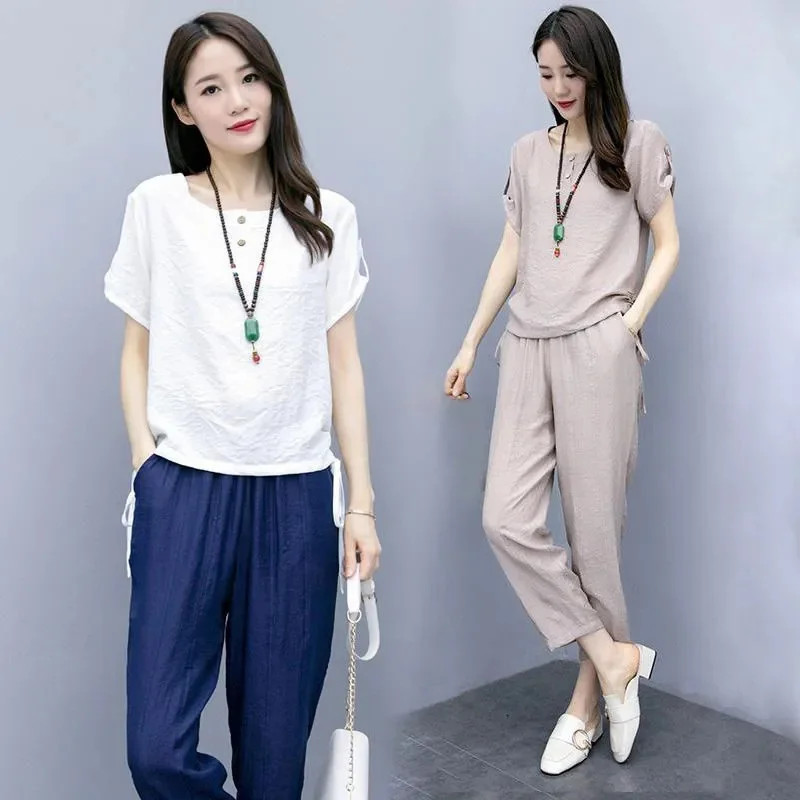 

2024 New Summer Two-Piece Women's Fashion Leisure Suit Ladies Age-Reducing Outfit Slim Pants Cotton Set Goddess Fan Female Tops