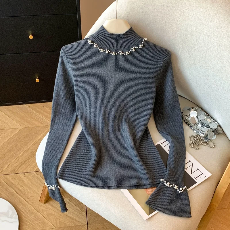 

French Style Beaded Half High Neck Flared Knitted Sweater For Women, Autumn And Winter Inner Wear, Long Sleeve Base Shirt, Slim