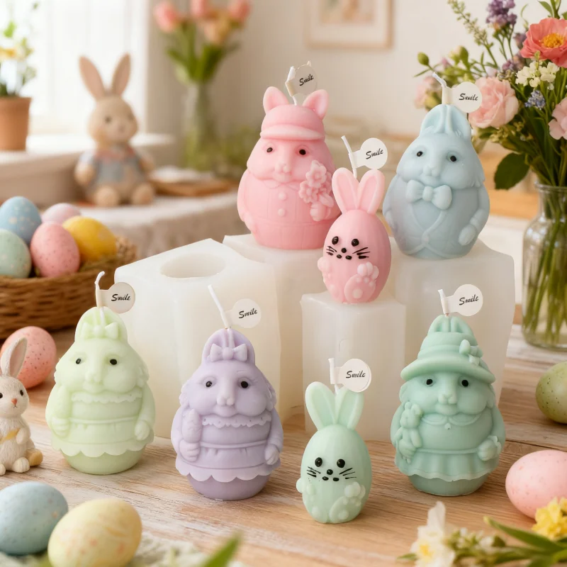 Lächelndes süßes Kaninchen-Silikon-Kerzenform zum Selbermachen, männlich, weiblich, schöner Hase, Aroma, Gips, Ornament, Form, Ostergeschenke, Herstellung von Zubehör