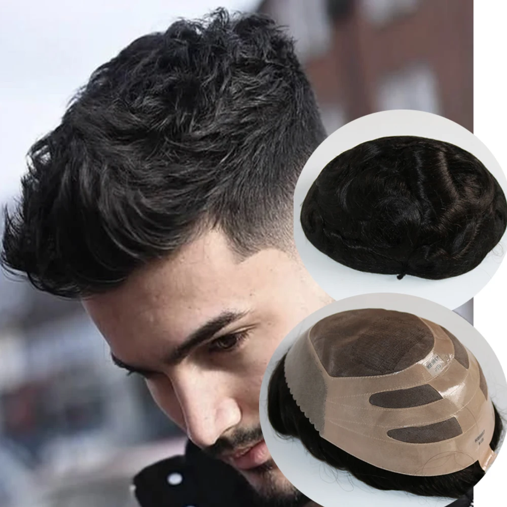 Breathable Bond NPU Swiss Lace Base #1 Black Remy Human Hair Men's Wig Toupee Lasting Adhesive Hairpiece Capillary Prosthesis