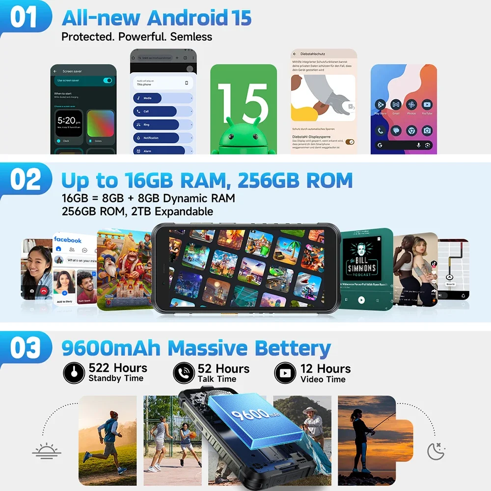 Ulefone RugKing 4G هاتف ذكي متين أندرويد 15 مقاوم للماء 5.99 بوصة 8 + 256 جيجابايت هاتف محمول 9600 مللي أمبير 50 ميجابكسل كاميرا رئيسية هاتف محمول NFC