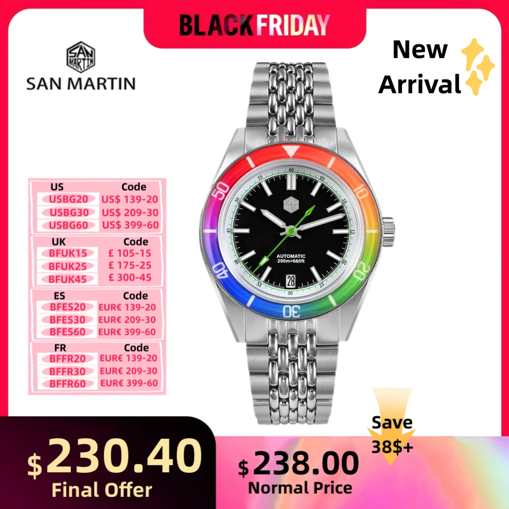 San Martin 39,5 mm saffier regenboog bezel zomer NH35 herenhorloge duik 20 bar automatisch uurwerk luxe 6 uur datum relogios SN0116B-1