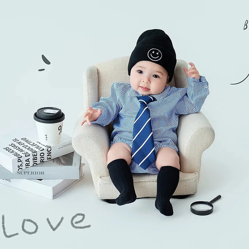 Baby Photography Costume Blue Stripe Shirt Romper with Tie Beanie Set Newborn 100 Days Birthday Photo Prop Outfit For Infant Boy