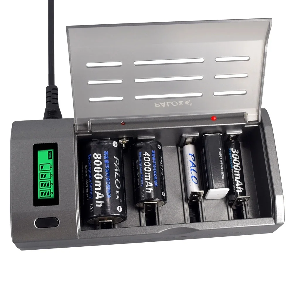 PALO 4 Slot LCD Display Smart Charger for 1.2V AA/AAA Ni-MH/Ni-Cd or C/D Size LR20 NiMH/Ni-Cd 9V Rechargeable Batteries