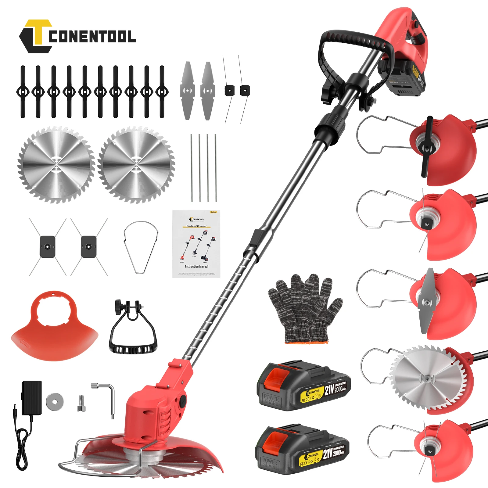 CONENTOOL Tondeuse à gazon sans fil 21V 650W 8500RPM, tondeuse électrique pliable télescopique de 6 pouces avec 5 types de lames