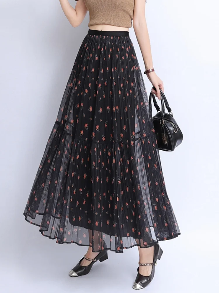 

SMTHMA Sweet Floral Mesh Skirt For Women New Summer High Waisted Slimming Mid Length A-line Cake Pleated Long Skirt
