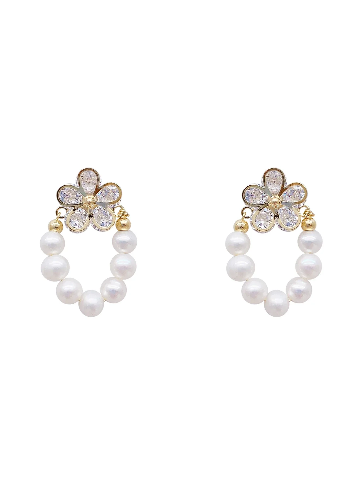 Korean new design fashion jewelry 14K gold plated natural pearl flower zircon earrings elegant women's daily work accessories