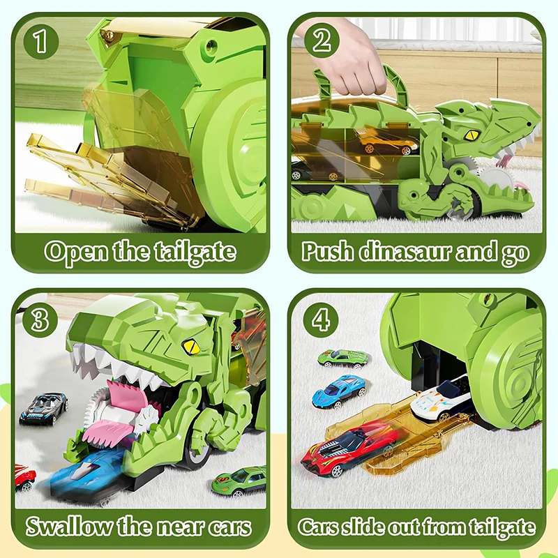 Dinosaur Transforms Car Toys for Kids Tyrannosaurus Rex Carrier Truck Monster Swallowing Vehicle with Race Track Tail Gift