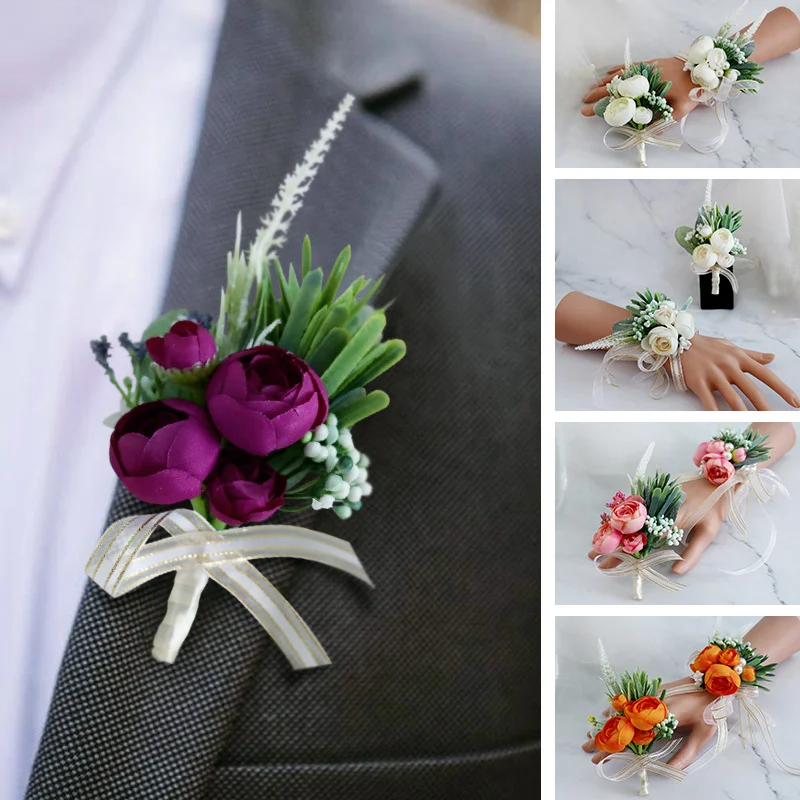 Oranje Kunstmatige Rose Bloemen Boutonniere Pols Corsage Bruidsmeisje Bruidegom Bruiloft Accessoires Novio Bruidsjonkers