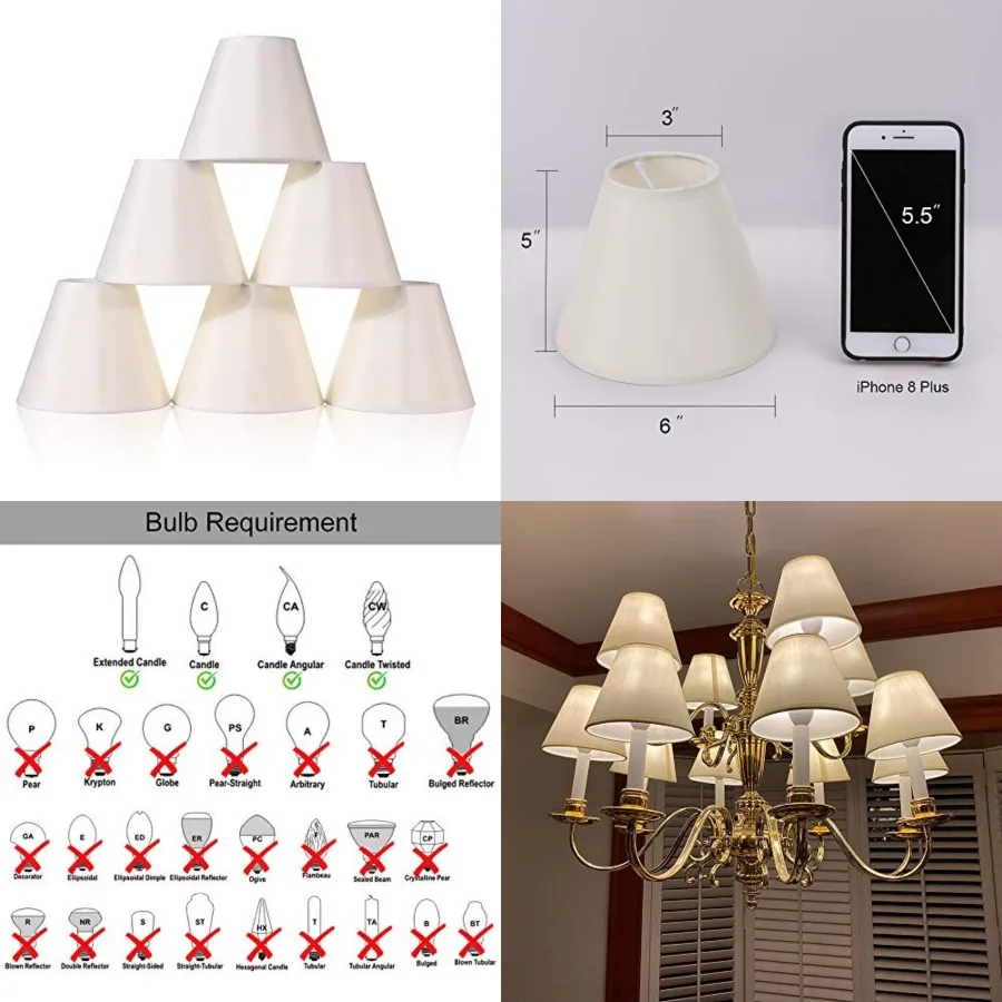 

Chandelier Shades, ONLY FOR CANDELABRA BULBS, Clip-on Fitter Lamp Shades, 3" x 6" x 5", Set of 6
