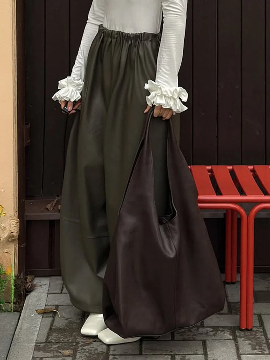 Bornladies feminino 2025 outono inverno pu lanterna calças elegante preguiçoso cordão casual exército verde perna larga calças de couro