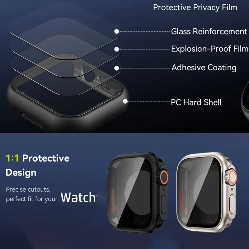 Capa protetora de tela para Apple Watch Series 9 8 7 6 5SE, caixa de vidro temperado de privacidade, 40mm, 41mm, 44mm, 45mm, mudar para ultra