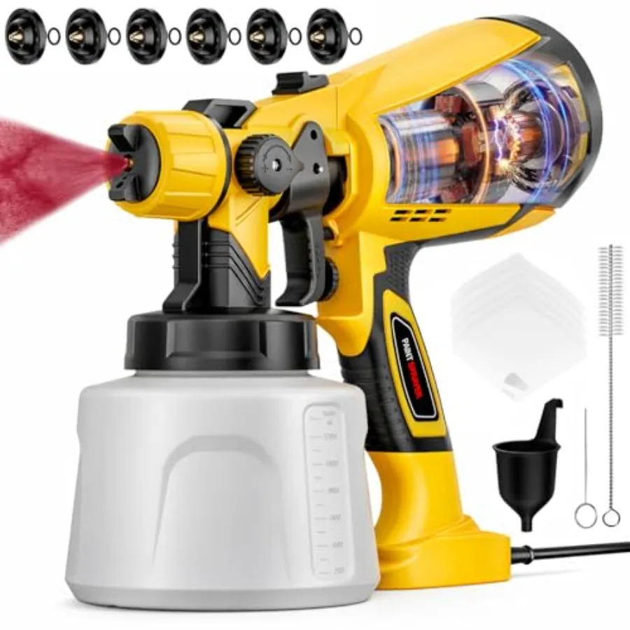 

Paint Sprayer Indoor Outdoor 1000W Electric Handheld HVLP Spray Paint Gun with 3 Patterns 6 Nozzles Easy to Clean and Use Stain