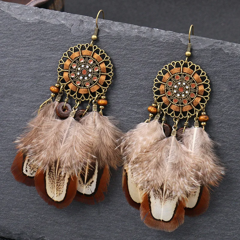 Bohemian Brown Feather Earrings Jewelry Vintage Alloy Hollow Flower Handmade Indian Earrings Female Vintage Jewelry Brincos