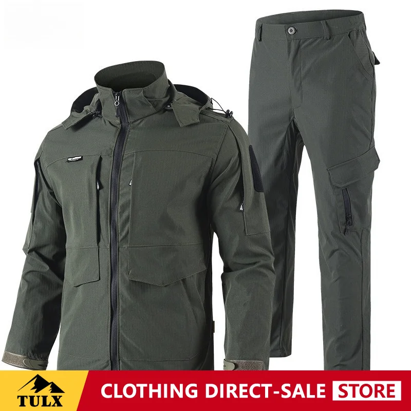 Spring Autumn Outdoor Tactical Camouflage Clothing Set Men Ventilate Detachable Hat Mountaineering Work Training Clothes Set