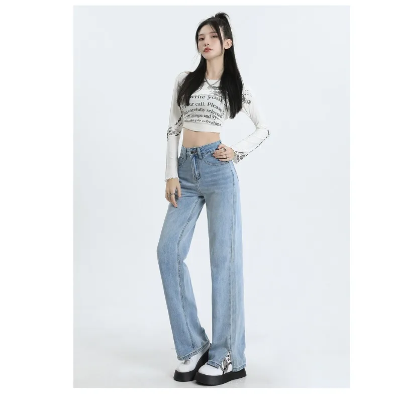 

Wide Leg Loose Women Jeans Fashionable High Waist Bootcut Denim Pants Split Hem Comfort Fit Stretchy Zip Front Tall