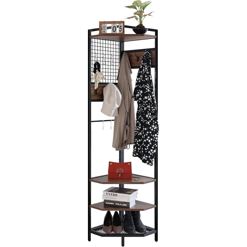 

Corner Hall Tree, Coat Rack with Shoe Rack and Storage Shelf, Entryway Corner Organizer Coat Rack Freestanding for Home (Brown)