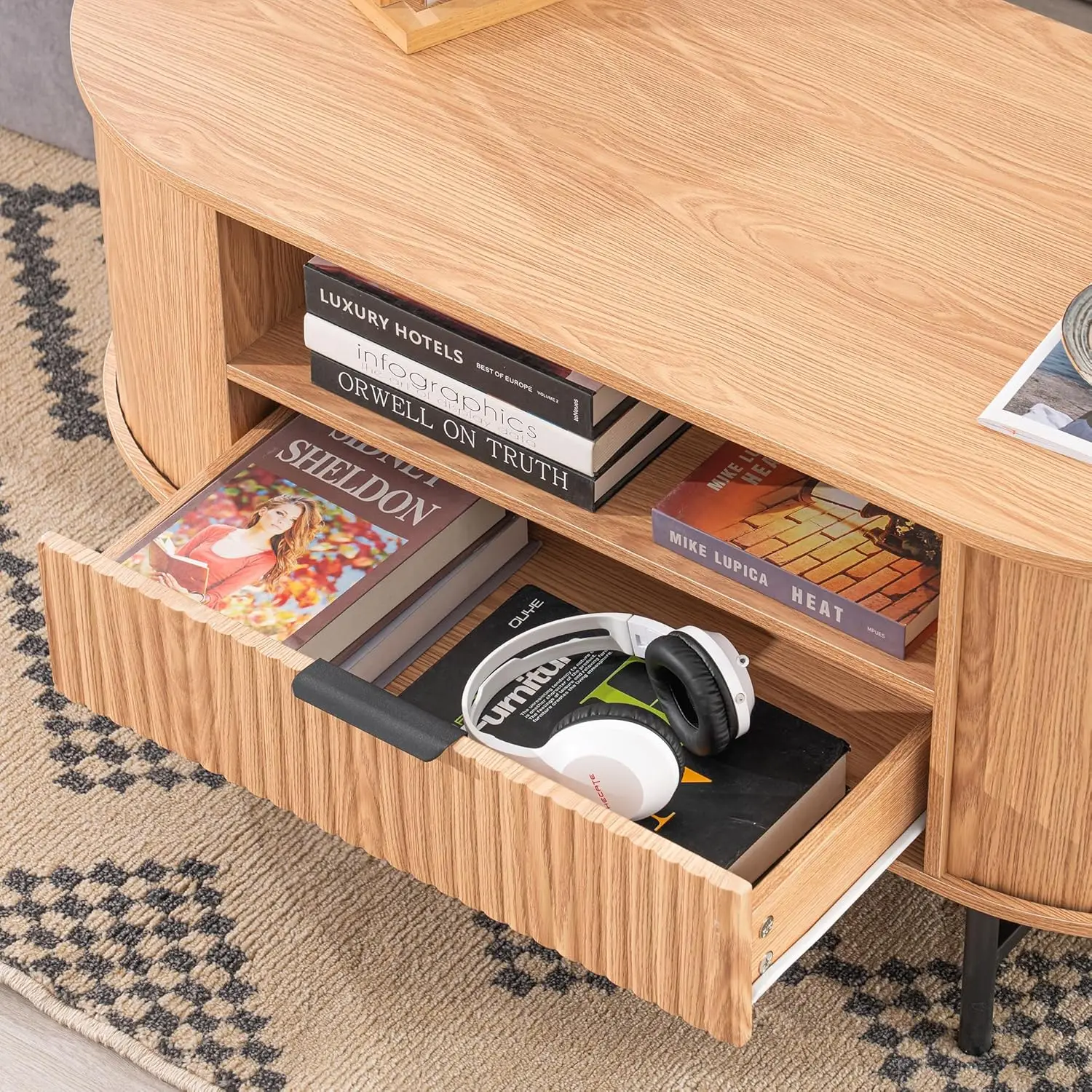 Modern Fluted Coffee Table, 43.3'' Modern Oval Coffee Table With Drawer, Curved Wooden Coffee Table With Black Metal Legs For