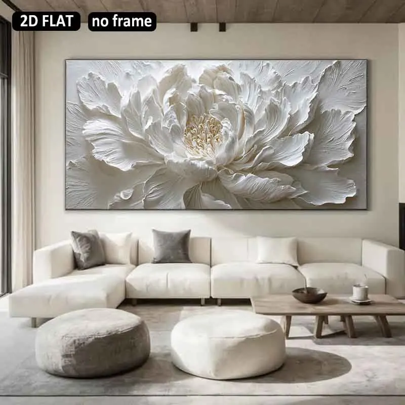 [2D Flat]1pc 23.62*47.24in/60*120cm UnFramed White Peony Canvas Wall Art Mural Home Decoration Artwork Suitable for Living Room