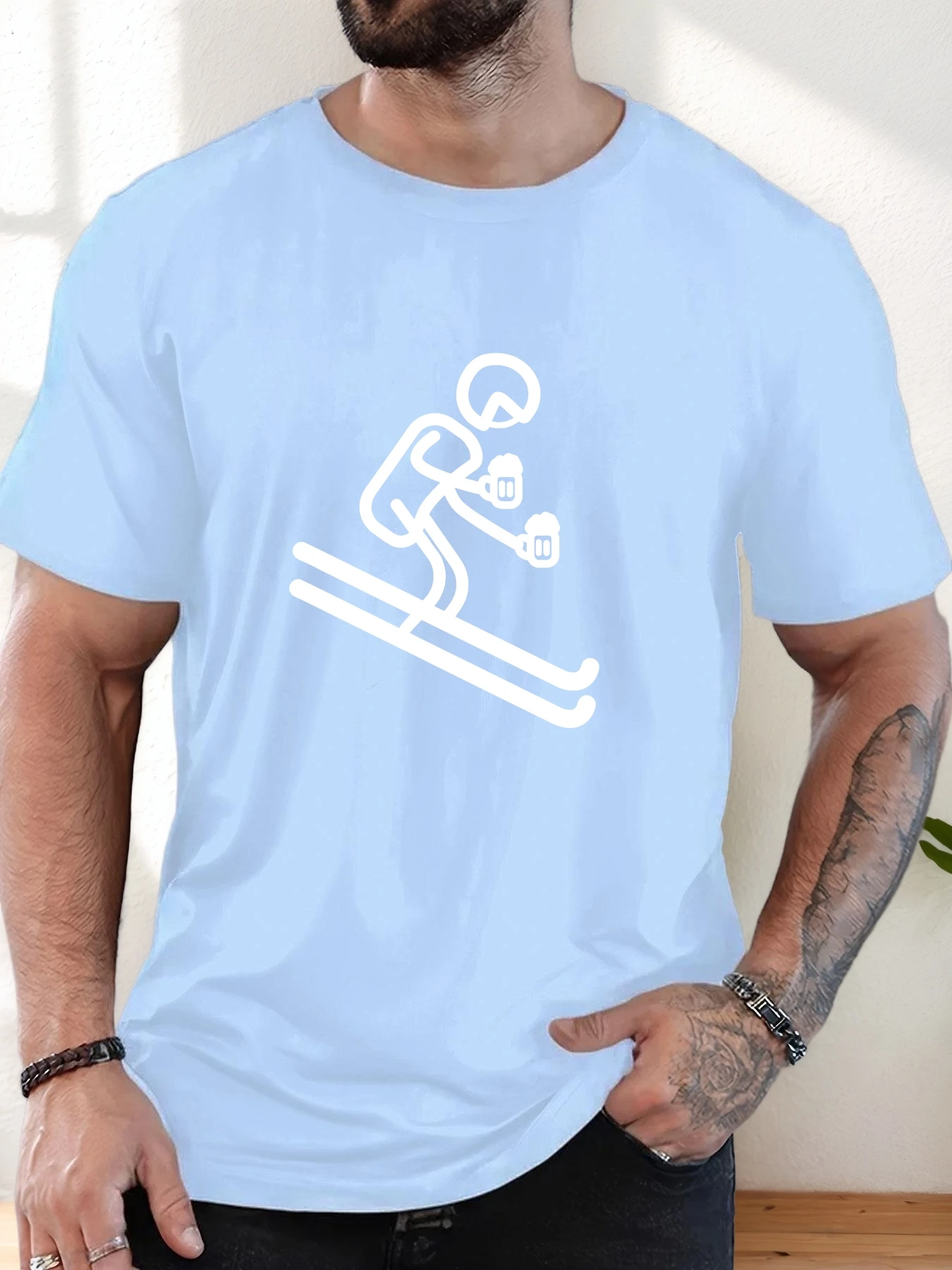 Male skier holding beer pattern summer casual crew neck short T-shirt