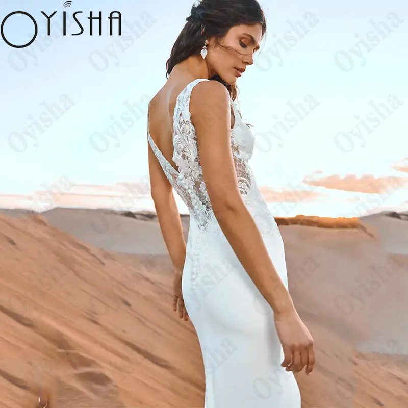 Oyisha Fashion Spaghetti Straps Wedding Dress Open Back Appliques Bridal Gowns V-Neck Satin Mermaid Vestido De Novia Custom Made