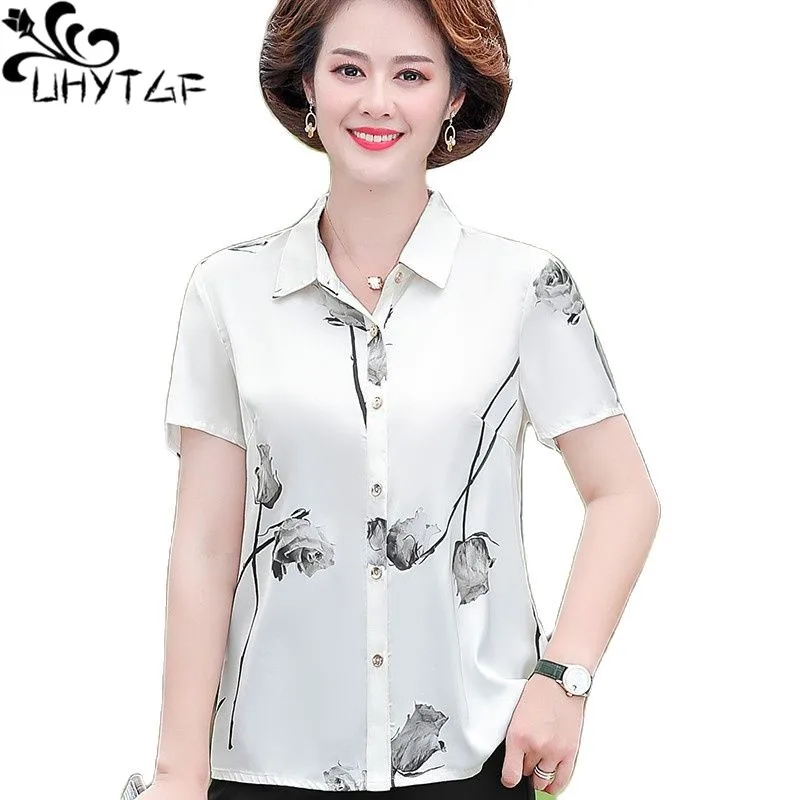 

UHYTGF Fashion Womens Blouses 2022 Printed Short Sleeve Chiffon Summer Shirt Female Single Breasted Thin 5XL Loose Size Top 1710