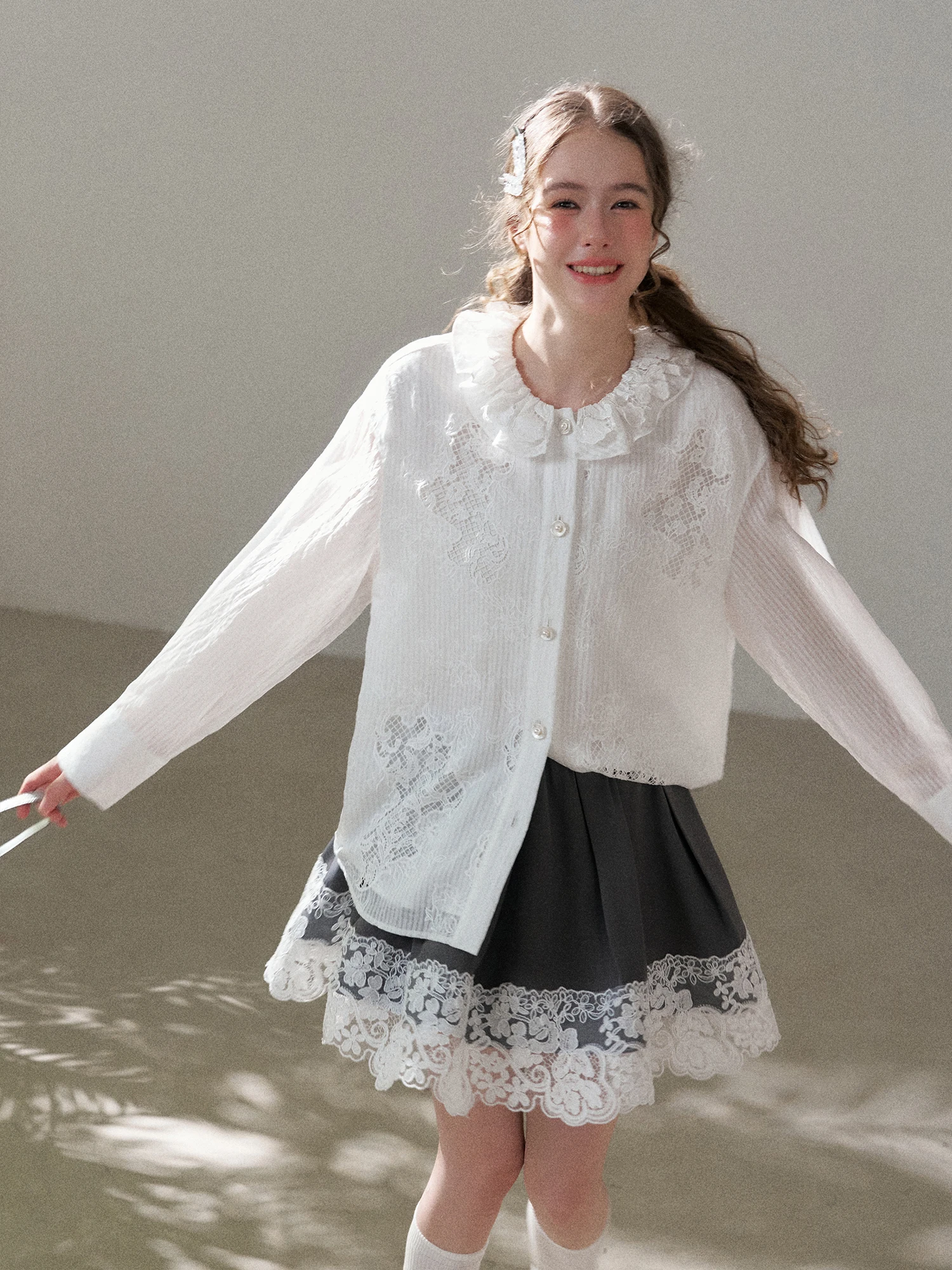 

Spring 2026 Long Sleeve Women's White Shirt Embroidered Hollow out Design Street Style Casual Fit Leaf Collar Top