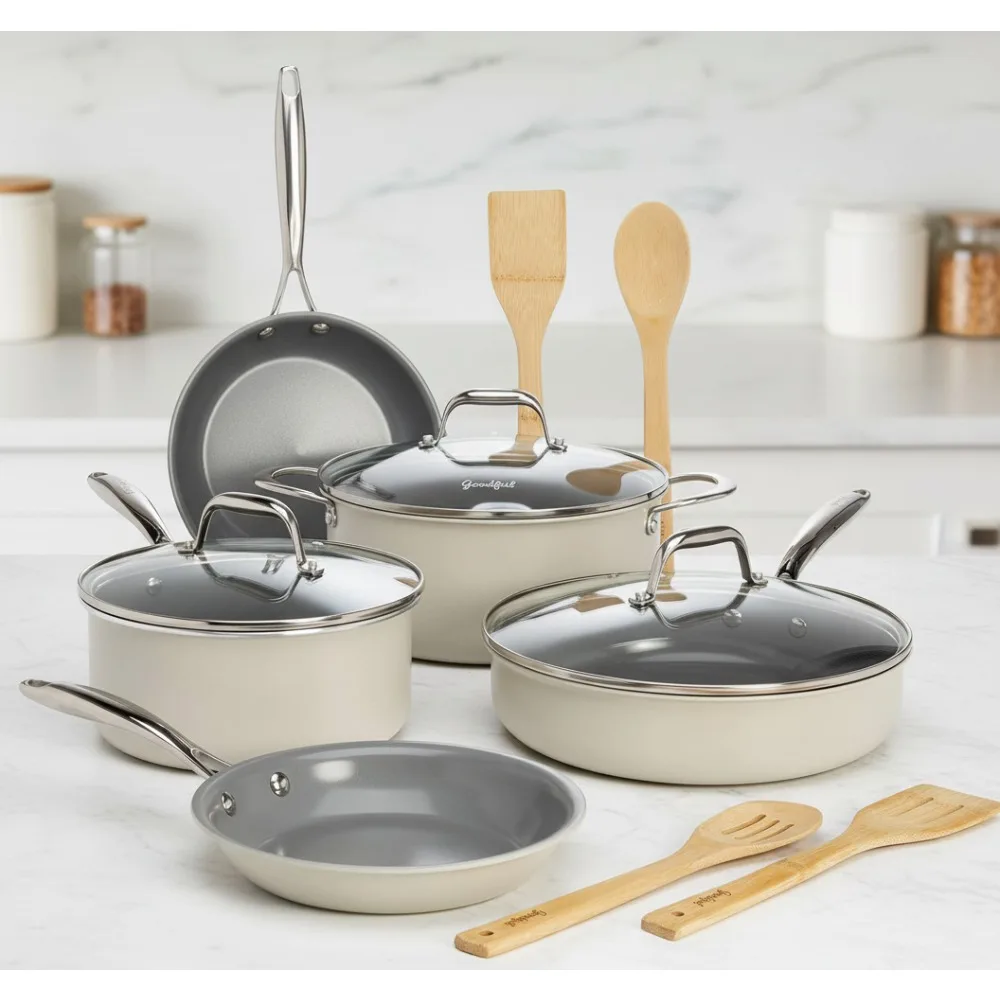 

Premium Ceramic Nonstick Cookware Set, Titanium-Reinforced, Dishwasher Safe, 12-Piece Kitchen Essentials