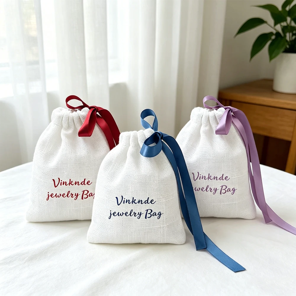 

100Pcs Personalized Logo White Bamboo Cotton Jewelry Ribbon Drawstring Bag Wedding Favors Cosmetic Perfume Rings Packaging Pouch