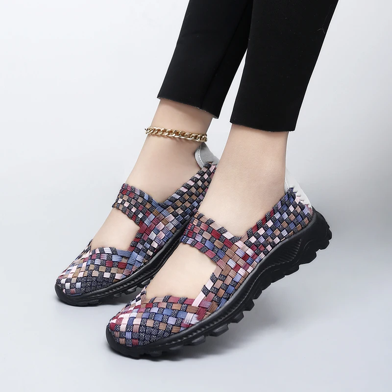 أحذية النساء الصيف المنسوجة أحذية رياضية الإناث أحذية مشي عادية الشقق اليدوية خفيفة الوزن المتسكعون للمرأة الانزلاق على سيدة الأحذية #5