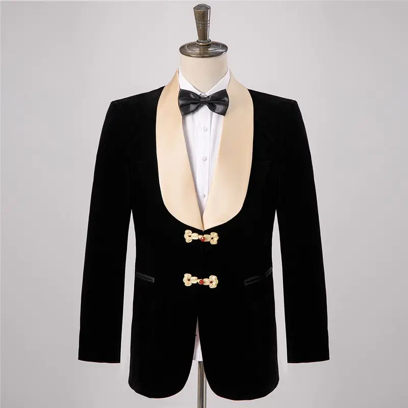 Jane-12  Photo Studio Theme Suit with Buckle Retro Dress Shawl Collar Men\'s Chinese Wedding Dress Photo Photo Black Velvet Suit