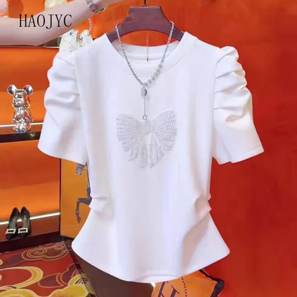 

2025 summer popular new design bow short-sleeved T-shirt slim fashion and thin foreign style age-reducing top women