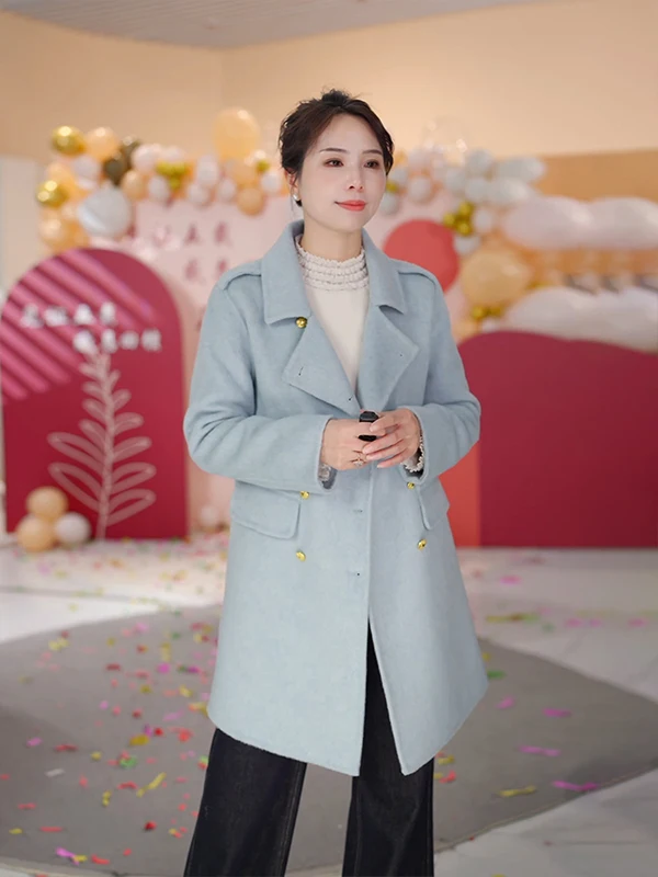 

Двустороннее шерстяное пальто женское средней длины в британском стиле, осенне-зимнее, утепленное, с завышенной талией, прямого кроя