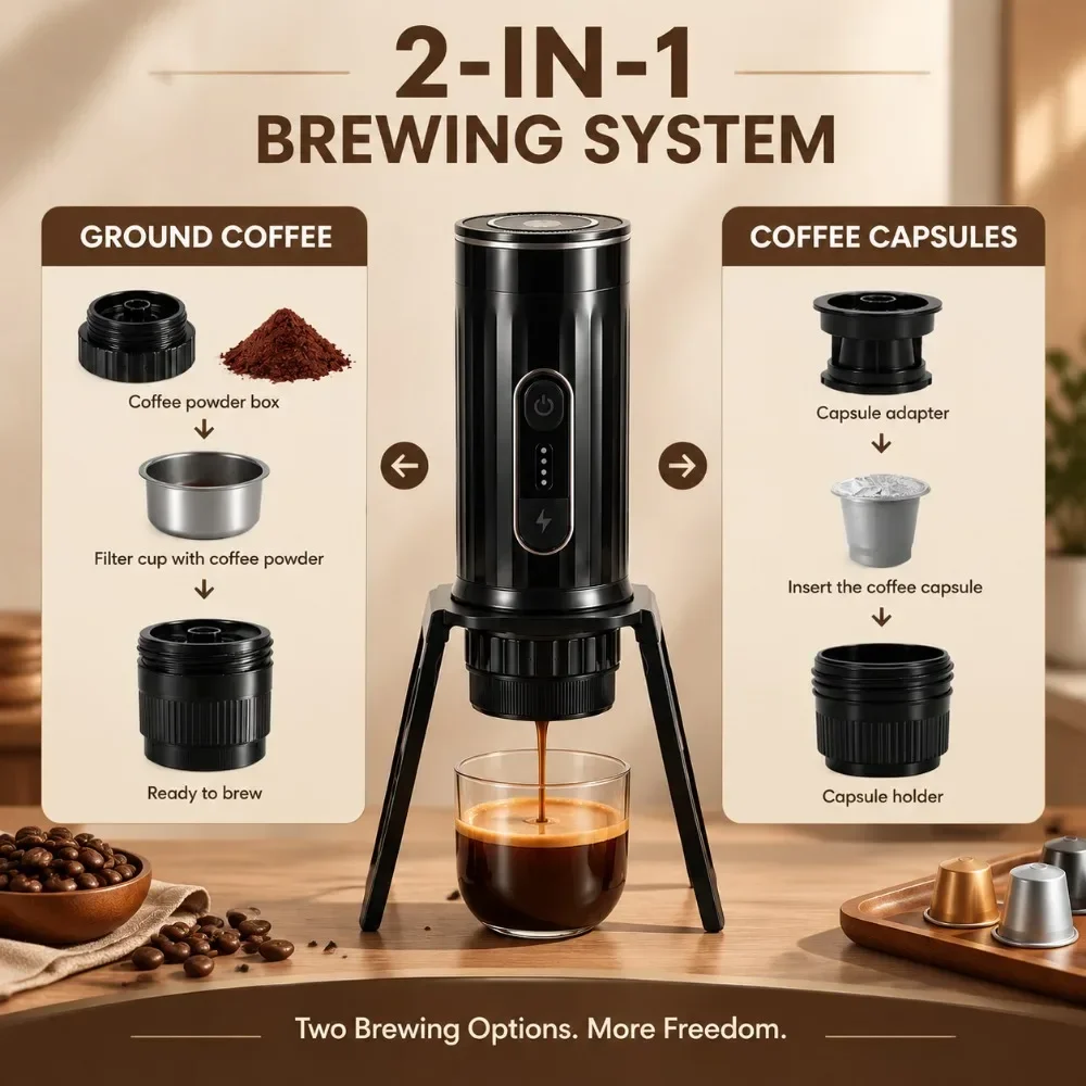Wireless Portable Espresso Coffee Maker 20 Bar Cordless Coffee Machine 2 in 1 Ground Coffee Capsule USB Rechargeable for Travel