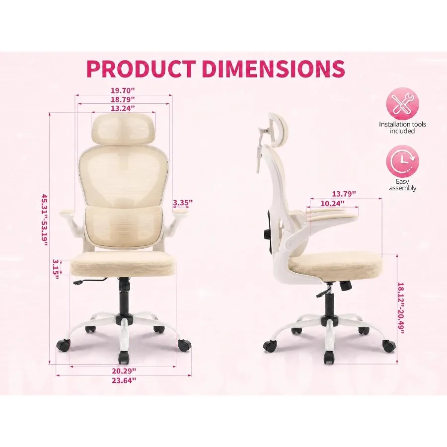 High Back Mesh Office Chair for Ergonomic Workspaces, Beige Mesh with Adjustable Headrest, Lumbar Support Flip-Up Arms, 330lbs