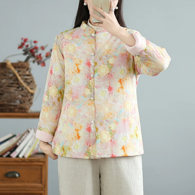 

Retro Floral Print Thiened Cotton Jaet Women's Winter New Chinese Sle Cotton Clothes High-end Anti-aging Faionable