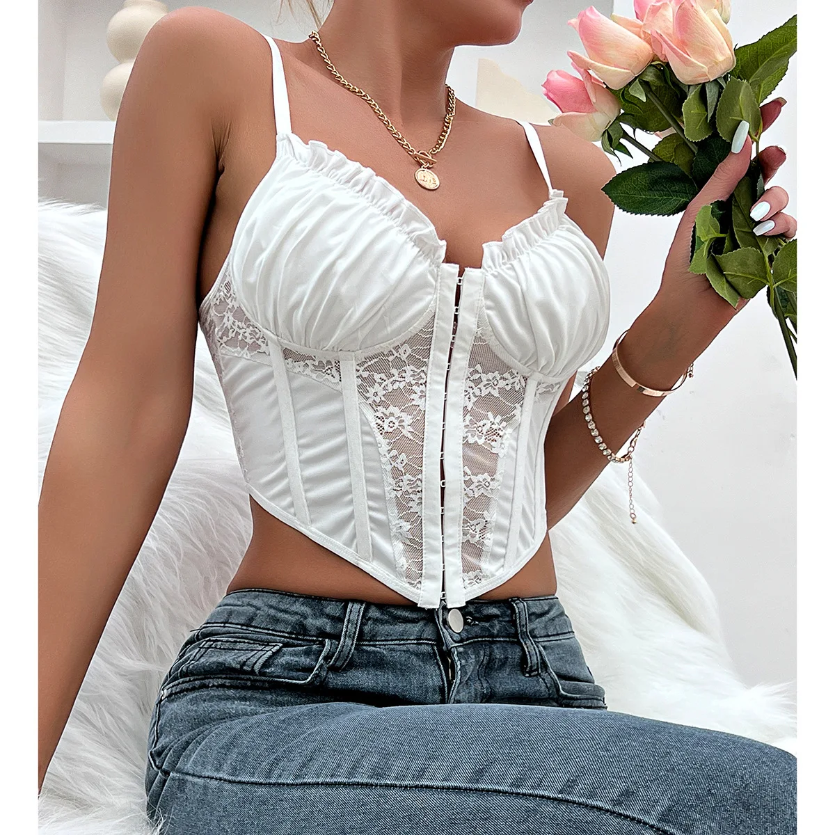 Sexy Cami Top Lace Satin Ruffle Spaghetti Strap Party Crop Top Deep V Front Zip Outfits Corset Y2K Fashion Bustiers for Women