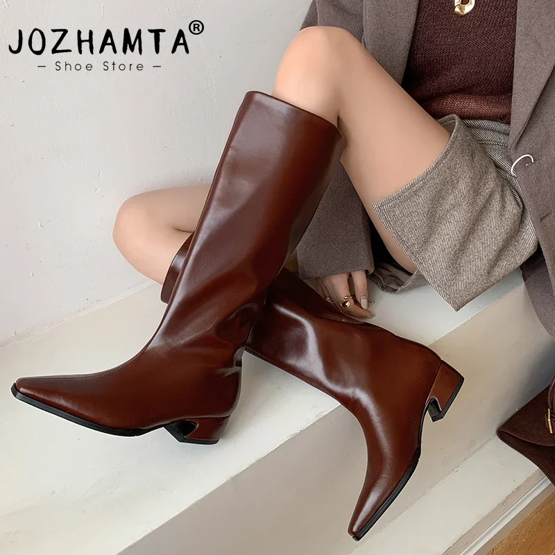 JOZHAMTA Size 34-40 Women Knee High Boots Real Leather Ins Fashion Winter Thick Mid Heels Shoes 2025 Wide Calf Office Lady Dress