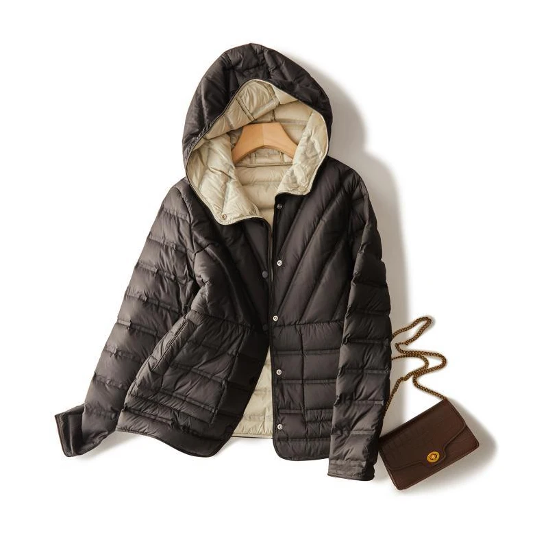 Schinteon Women light White Duck Down Jacket Coat with Hood Double-sided Wearing Casual Simple High Quality Outwear 2023 New