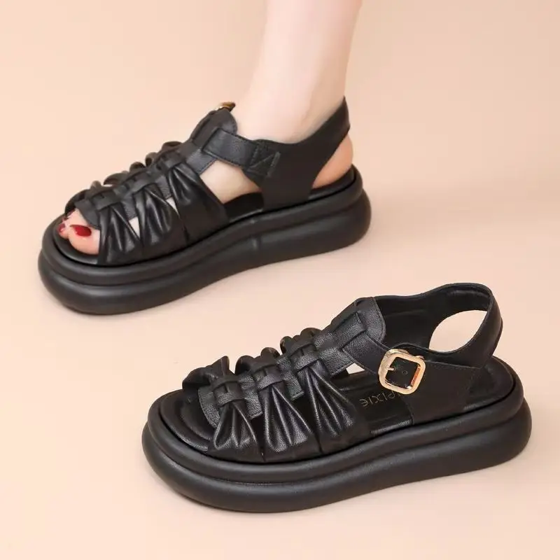 

Women's Woven Hollow Out Thick Sole Peep Toe Sandals Summer New Lightweight Non Slip Breathable Buckle Strap Beach Sandals