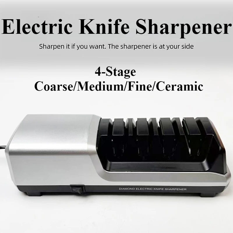 

NEW H1199 4-Stage Electric Knife Sharpener – Coarse/Medium/Fine/Ceramic, Diamond Wheel for Kitchen/Chef/Hunting