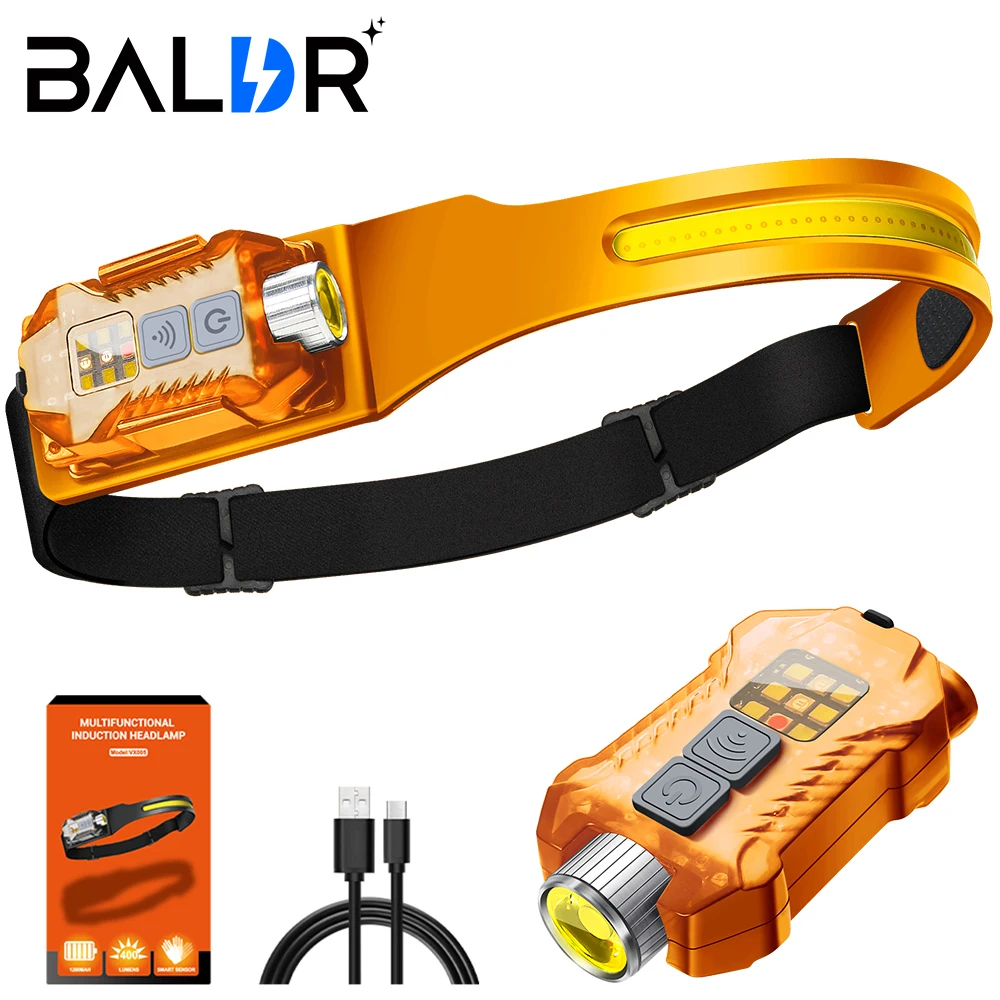 BALDR XW005 turuncu LED indüksiyon far şarjlı kafa feneri 1200mah dahili pil COB çalışma lambası balıkçılık fener