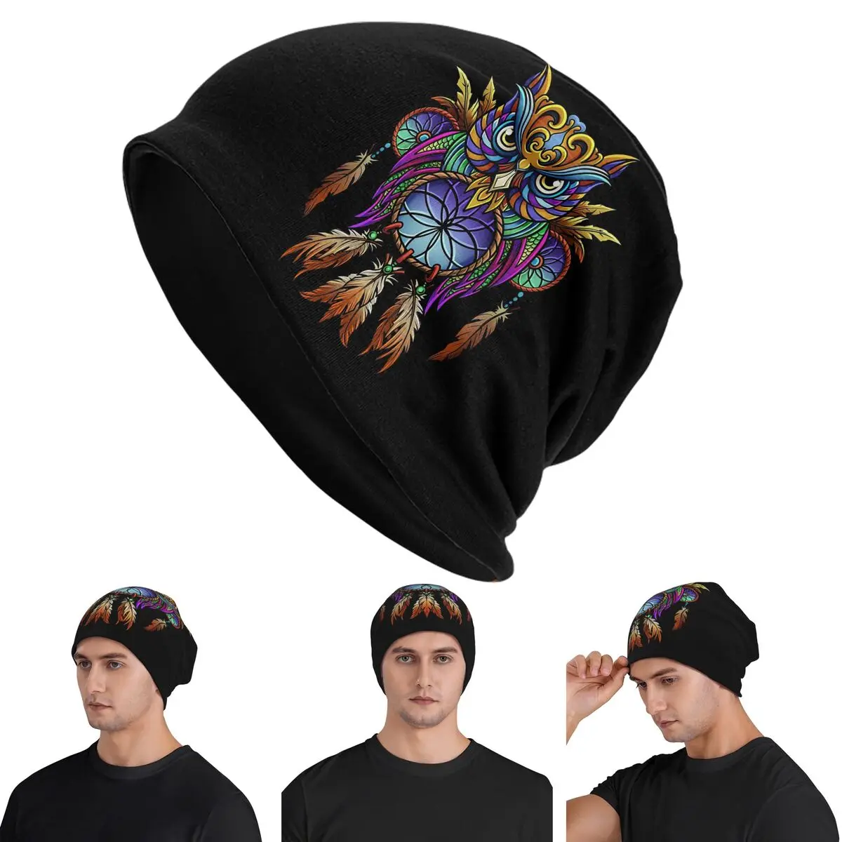 

Dreamcatcher Owl Skullies Beanies Hats Warm Autumn Winter Outdoor Cap Knitted Bonnet Caps for Men Women Adult