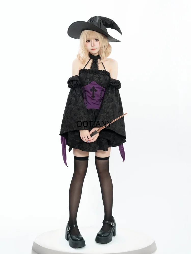 Halloween New Fashion Sexy Witch Cosplay Costume Women Black Halter Neck Dress Dance Performance Fancy Dress Sister Costume