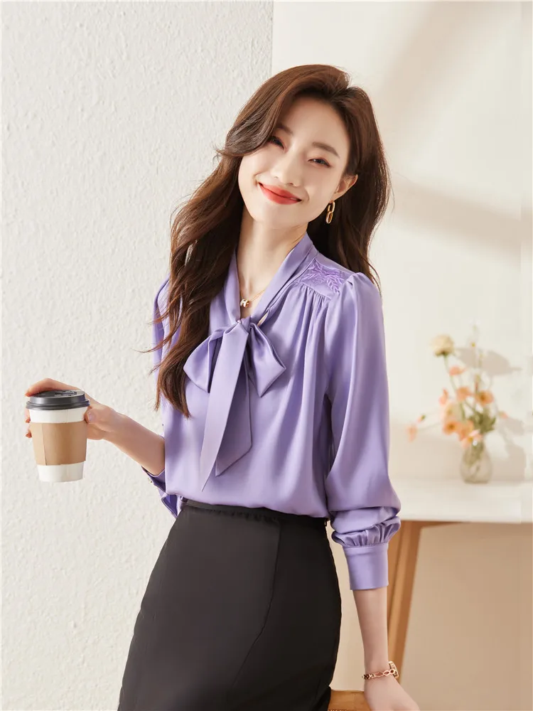 Women's Long Sleeve Blouse with Bow Tie Elegant and Youth Female Shirt Purple Tops Office Outfits Fashion Autumn Spring 2023