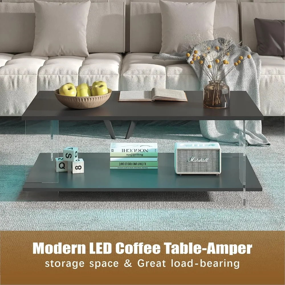 43" Acrylic Coffee Table with Black Wood Top, Minimalist Stylish Modern Rectangular Center Tables for Living Room, Led Living Ro