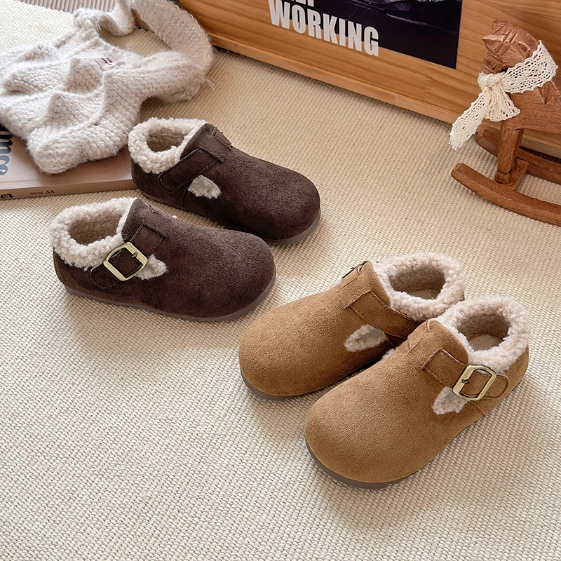 

Зимние лоферы для девочек с круглым носком, плюшевая повседневная детская обувь на липучке на крючках, однотонная нескользящая теплая удобная детская обувь на плоской подошве