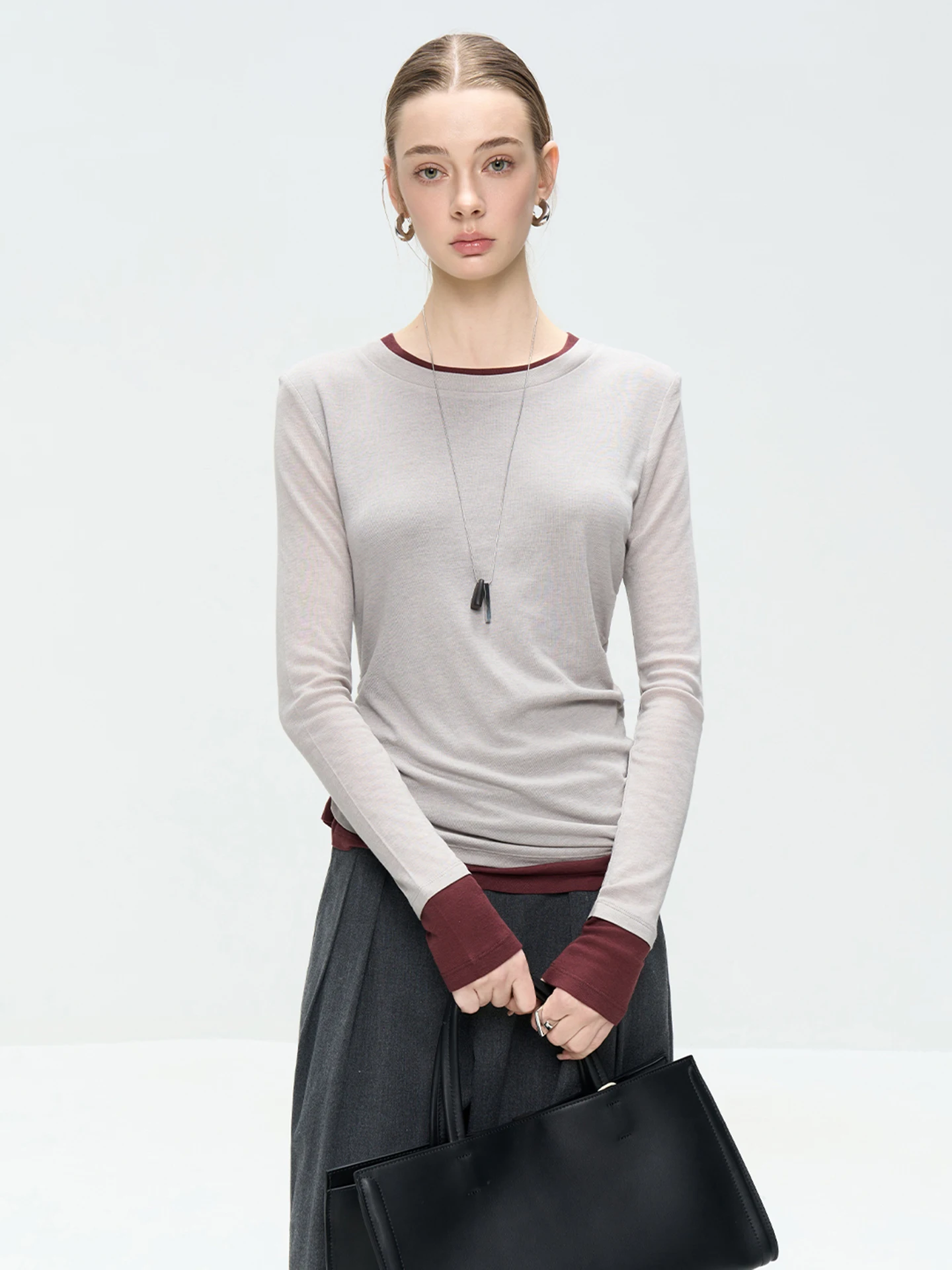 

Шерстяная вязаная футболка LUR с длинным рукавом, имитирующая кожу, базовый слой, повседневный стиль, модная, весна 2026, женская одежда