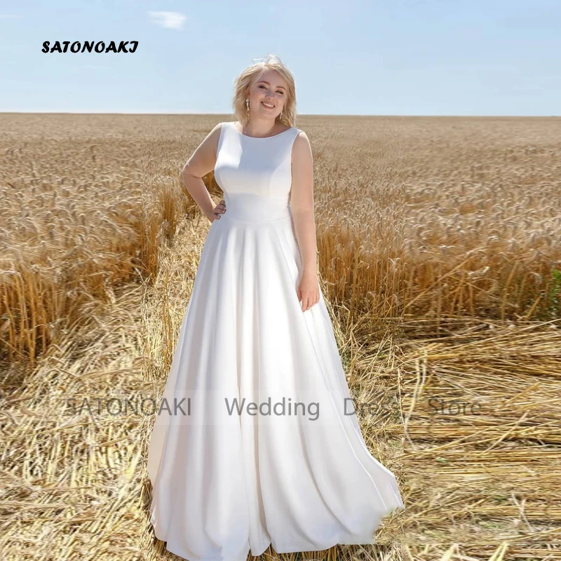 

Customized Luxury Satin Wedding Dress for Bride Lace-up Scoop Neck A Line Simple Bridal Gowns Floor Length Vestidos De Novia